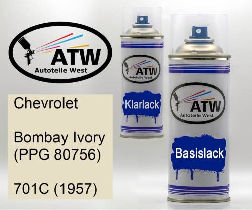 Chevrolet, Bombay Ivory (PPG 80756), 701C (1957): 400ml Sprühdose + 400ml Klarlack - Set, von ATW Autoteile West.